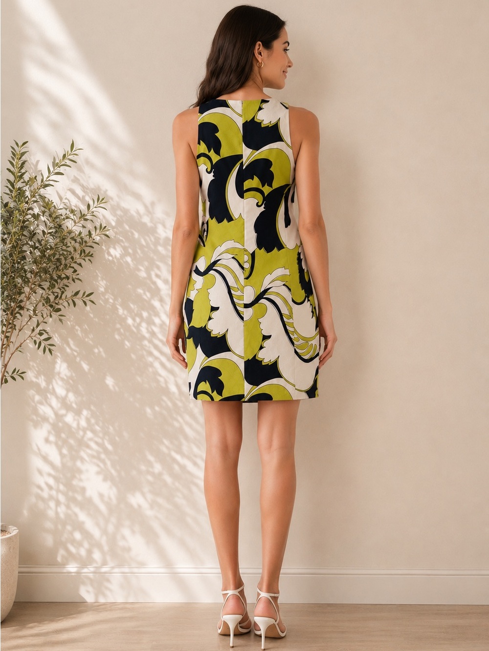 Trina Turk Lime Green Black White Abstract Print Sleeveless Shift Dress Size 4 - Picture 2 of 6